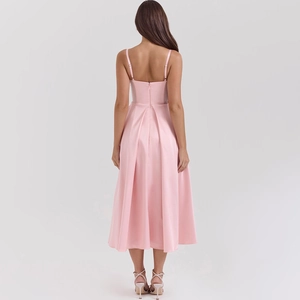 Pink backless V-neck satin midi dress with elegant straps shown from the back view