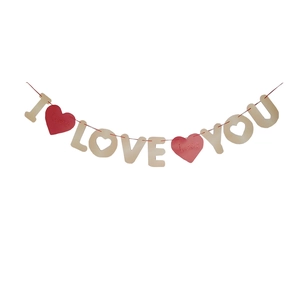 Detail of wooden I LOVE YOU bunting banner with red hearts for wedding decor