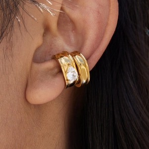 Ear cuff a doppio strato placcato oro 18K in acciaio con zircone a forma di pera
