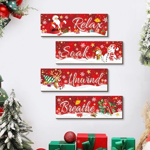 Christmas Wooden Hanging Plaque Set Santa Snowman Reindeer Printed Wall Decor For Winter Holiday Home Party Decoration Signs
