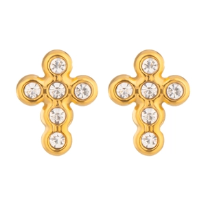 18K gold plated stainless steel cross stud earrings with sparkling cubic zirconia inlay