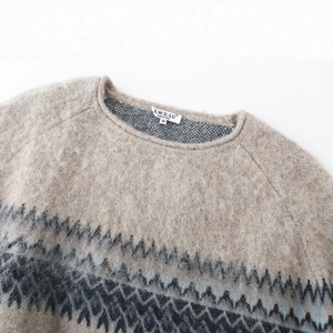 Chic crew neck knit sweater with blue geometric wave jacquard and plush texture