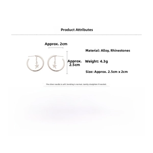Detailed specs of silver C-shaped star earrings with rhinestones and silver needles