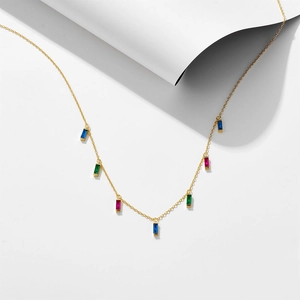 Elegant gold S925 silver necklace featuring colorful rectangular zircon pendants in a row