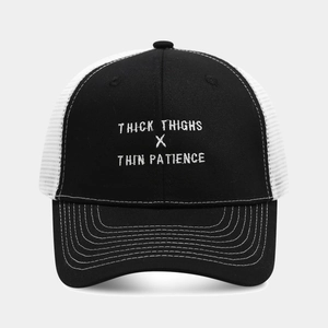Detail of Richardson style trucker hat with 'THICK THIGHS X THIN PATIENCE' embroidery