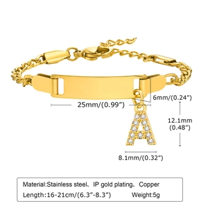 Customizable gold stainless steel bracelet with engraved bar and diamond initial pendant