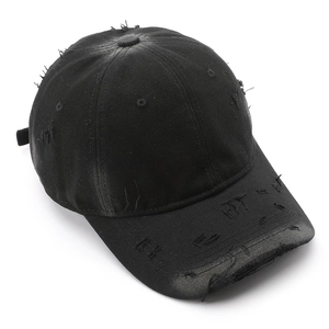 Retro washed cotton baseball cap in charcoal black with distressed edges and ripped details