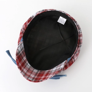 Red plaid Japanese style beret with denim ribbon bow detail and soft black lining