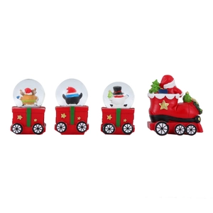 Rear view of four mini Christmas snow globe figurines featuring Santa and snowman