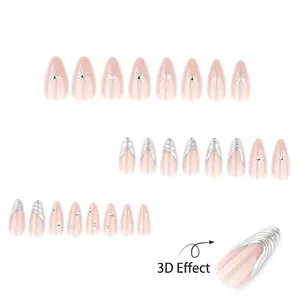 Französische 3D-Silber-Metall-Almond-Nägel zum Aufkleben mit Sternen und Strass