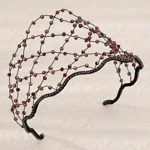 Handwoven crystal headband with dark red beads and black mesh design for party styling