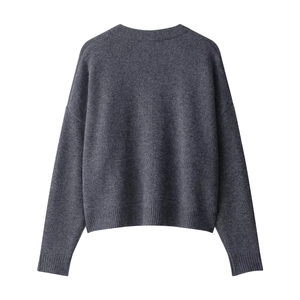 Vue arrière d'un cardigan en laine gris foncé avec col rond et détails de maille côtelée