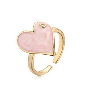 18K gold plated heart open ring with pink marble texture and cubic zirconia stone