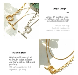 Macro view of dual-layered titanium steel necklace with 18k gold plating and OT toggle clasp