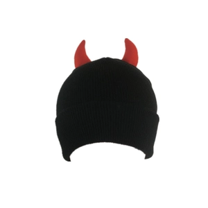 Black knit beanie featuring red devil horns, a stylish winter hip hop hat for men and women