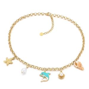 Golden stainless steel ocean theme necklace featuring starfish pearl and dolphin charms