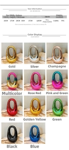 Detailed size specifications for the acrylic oval evening clutch with dimensions and strap length