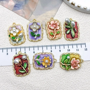 Retro Monet garden oil painting style flower pendants with pearls and alloy dripping oil