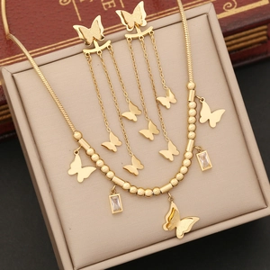 Butterfly Necklace Earrings Bracelet Stainless Steel Gold Plated Zircon Pendants Tassel Jewelry For Women Fashion Elegant