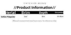 Detailed size chart showing brim, depth, and circumference of the cotton bucket hat