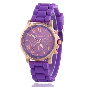 Purple Geneva quartz watch with rose gold case and silicone strap on white background