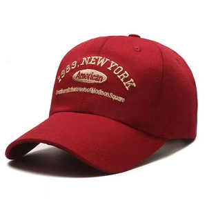 Classic dark red cotton baseball cap featuring detailed New York 1889 embroidery