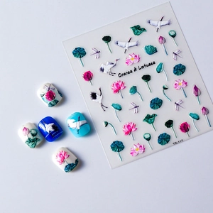 3D embossed nail art stickers with Chinese style ink lotus and crane designs, model TS-117