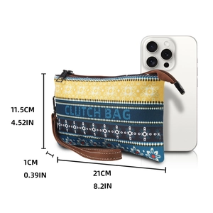Ethnic print clutch bag size details showing 21cm length with smartphone for scale
