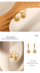 Close-up of vintage sun god face pendant earrings in 18k gold plated stainless steel