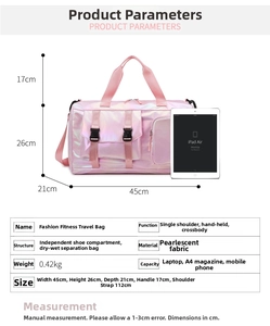 Detailed size chart for pink pearlescent fitness bag with 45x26x21cm dimensions