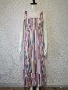 Detail of colorful striped maxi dress featuring smocked bodice and tie-up shoulder straps