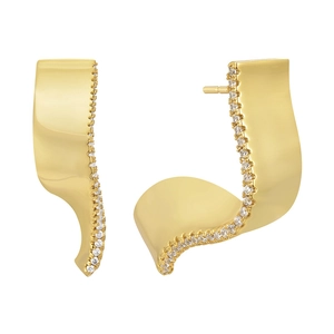 Irregular geometric wavy stud earrings in gold finish with micro-paved white zircons