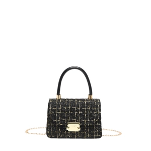 Sac bandoulière élégant en tweed noir et doré avec chaîne et fermoir doré