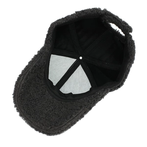 Inside view of dark grey lamb wool baseball cap showing black lining and mesh support