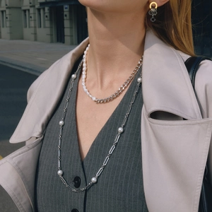 French vintage freshwater pearl necklace with OT buckle and titanium steel layered jewelry