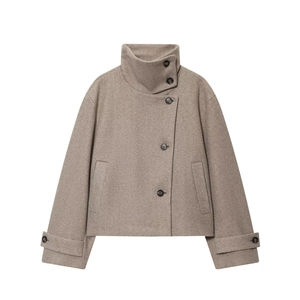 Manteau d'hiver pour femme en laine camel avec col montant et épaules tombantes