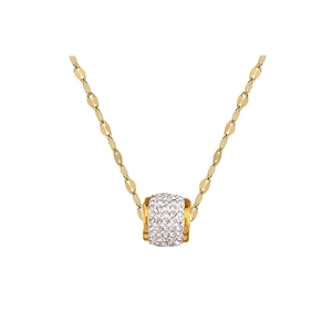 Minimalist gold titanium steel cylinder necklace with sparkling crystals on white background