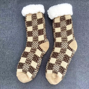 Men's checkered knit thermal floor socks with warm fleece lining and non-slip soles