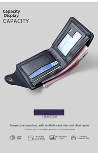 Detail view of the black lychee grain leather wallet showing card slots and ID window