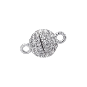 Detailed view of silver magnetic jewelry clasp with white zircon stones and dual loops