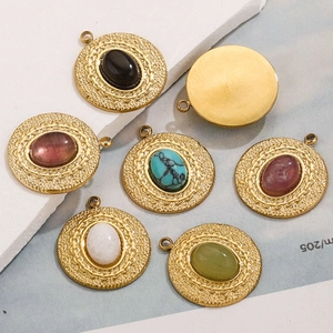 Vintage gold stainless steel round pendants with colorful stones and woven texture