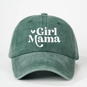 Dark green washed denim baseball cap with white Girl Mama text and heart embroidery