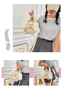 Detailed views of a plush white rabbit crossbody bag with cute bow and peach detail
