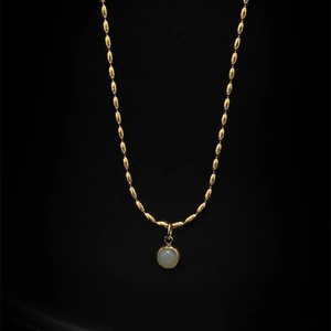 Round Aventurine Pendant Necklace Gold Titanium Steel Rice Bead Chain Vintage Light Luxury Jewelry For Women Gift