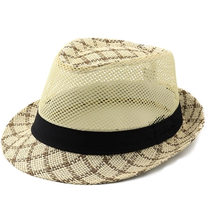 Detail of breathable mesh weave and striped brim on a classic summer straw fedora hat