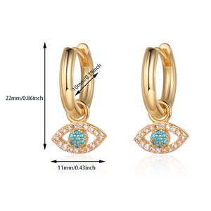 Detailed dimensions of gold evil eye hoop earrings with blue and white zircons