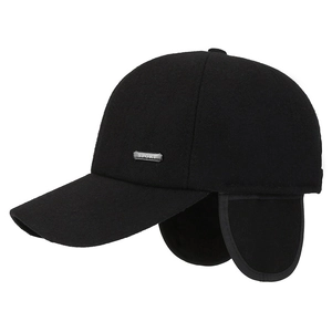 Winter wool baseball cap with earflaps and sport metal plate decoration in black