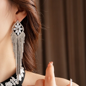 Detail of silver long tassel earrings with marquise-cut zircons worn by a model