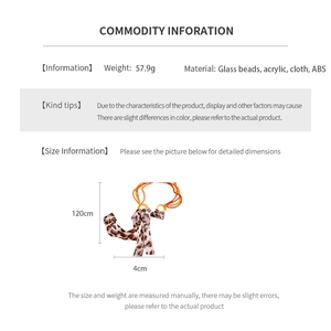 Size chart showing 120cm length for glass bead necklace with weight and material info