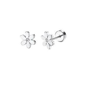Macro view of silver flower stud earrings with zircon center and screw back design